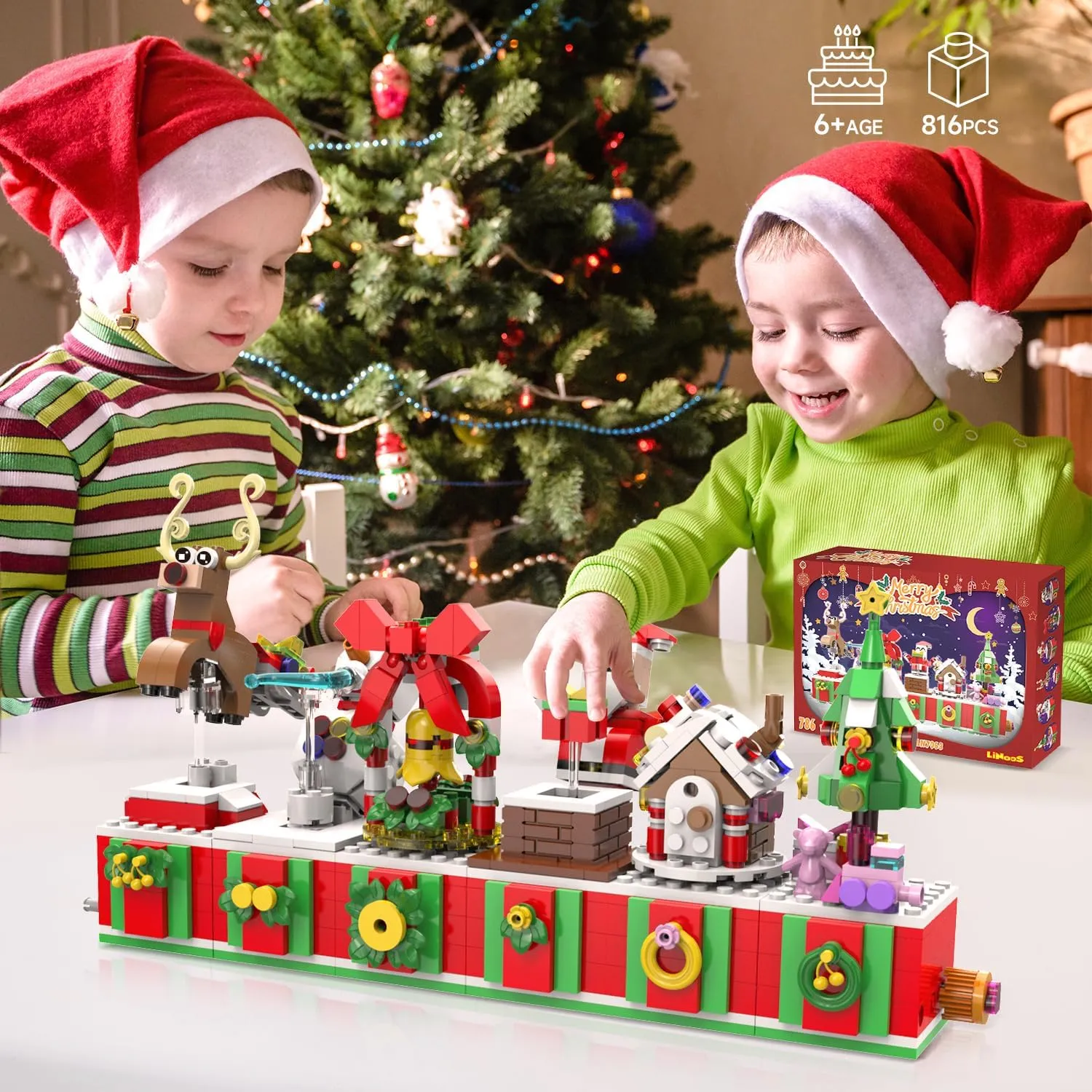 Christmas Building Blocks Set 6in1 Xmas Building Brick Toys 2024 Christmas Rotating Building Kits Santa/Reindeer/Christmas Tree Building Sets Gifts for Adults Teens Kids Girls Boys Ages 6 , 816PCS