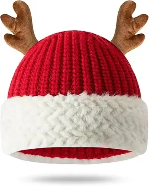 Christmas Deer Reindeer Knit Beanie Hat for Kids Adults, Santa Hat Warm Funny Beanie Xmas Winter Hats for New Year Festive Holiday Party