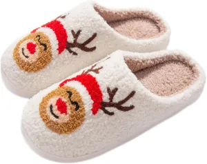 Christmas Slippers Memory Foam for Women Men, Cozy Plush Warm Non-Slip Holiday Slides with Santa Reindeer Designs Indoor Outdoor