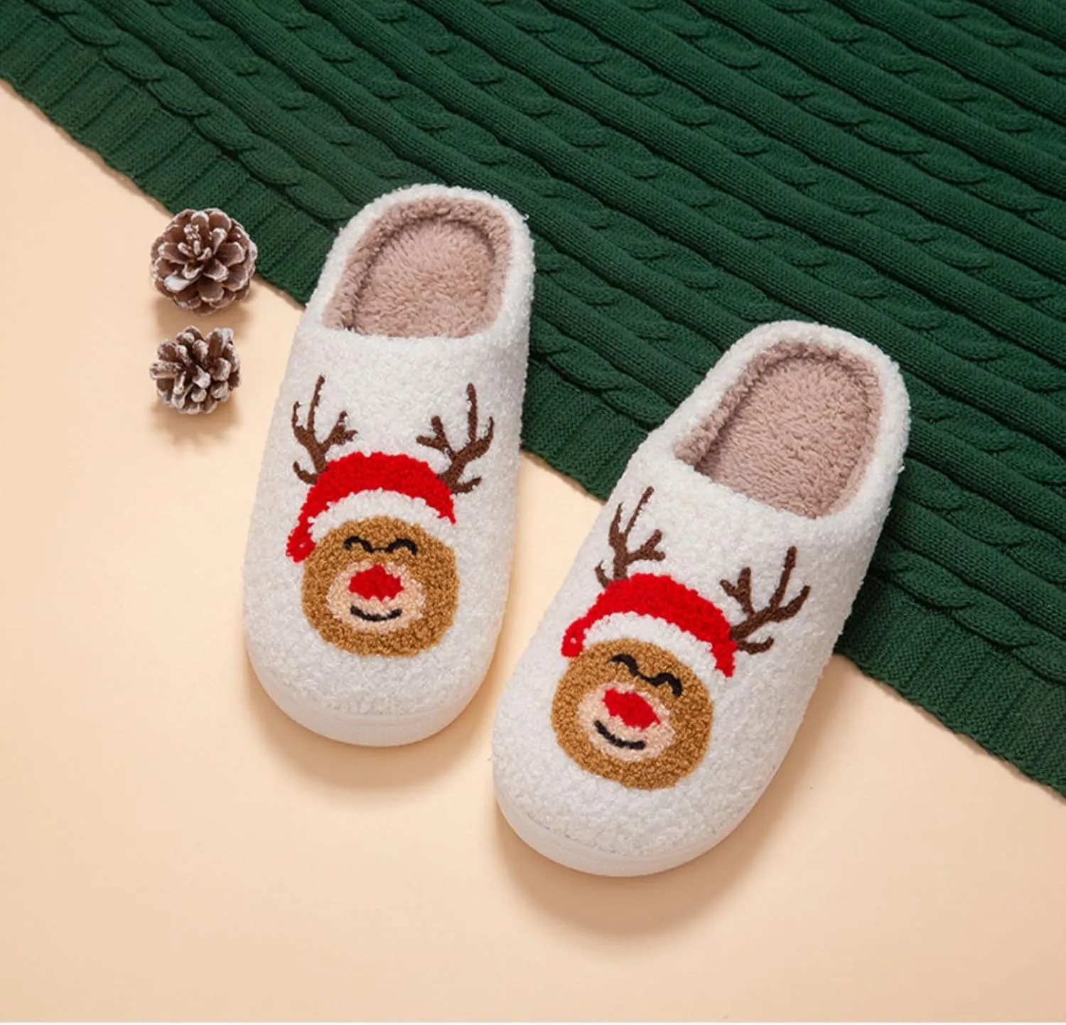 Christmas Slippers Memory Foam for Women Men, Cozy Plush Warm Non-Slip Holiday Slides with Santa Reindeer Designs Indoor Outdoor