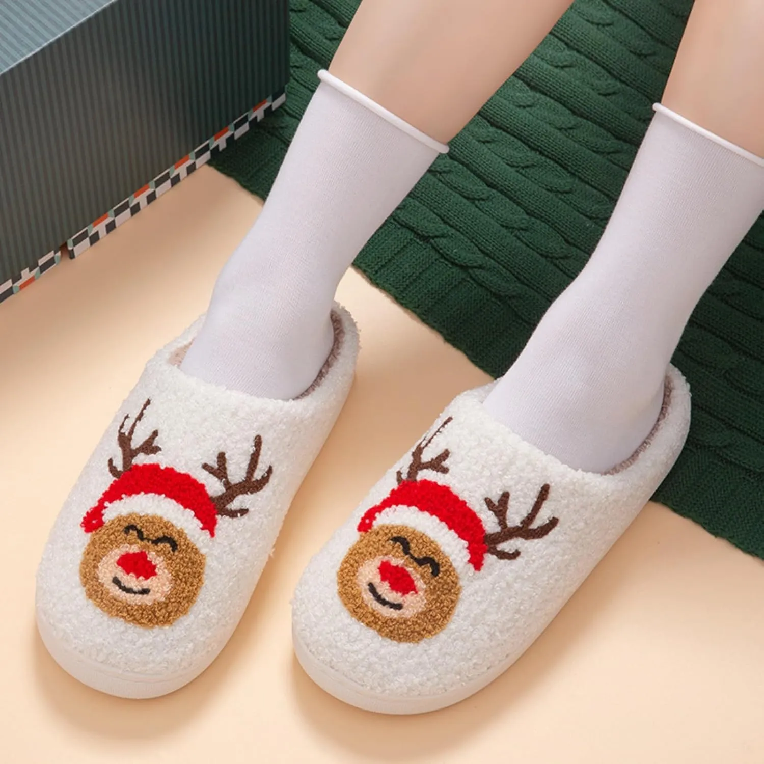 Christmas Slippers Memory Foam for Women Men, Cozy Plush Warm Non-Slip Holiday Slides with Santa Reindeer Designs Indoor Outdoor