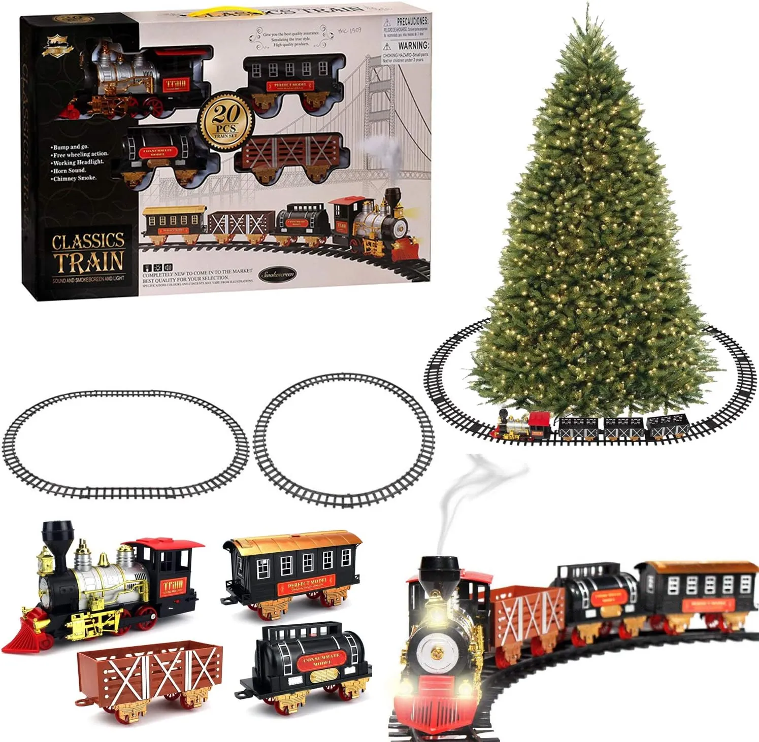 Christmas Train Set for Under The Tree with Smoke Lights Sounds for Kids