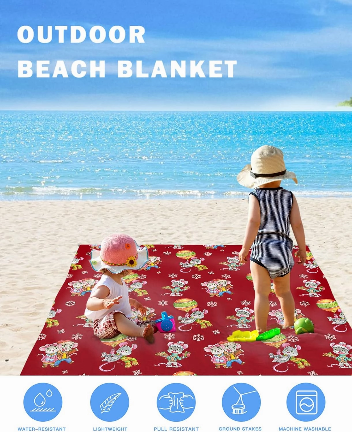 Christmas Mouse Beach Blanket Waterproof Sandproof, Xmas Lantern Winter Snowflake Red Lightweight Outdoor Picnic Blanket Portable Large Beach Mat for Travel/Camping/Hiking 95"x80"