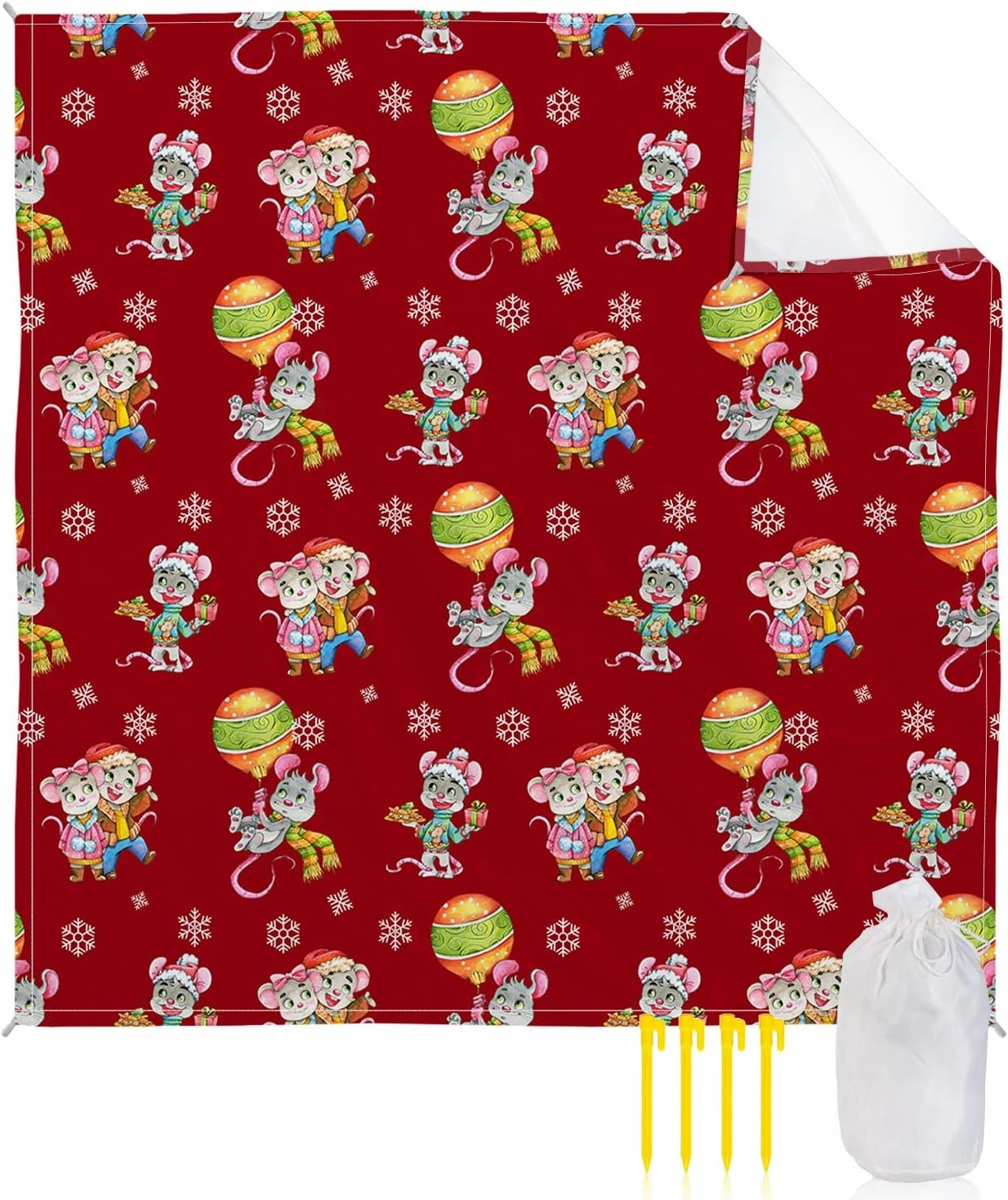 Christmas Mouse Beach Blanket Waterproof Sandproof, Xmas Lantern Winter Snowflake Red Lightweight Outdoor Picnic Blanket Portable Large Beach Mat for Travel/Camping/Hiking 95"x80"
