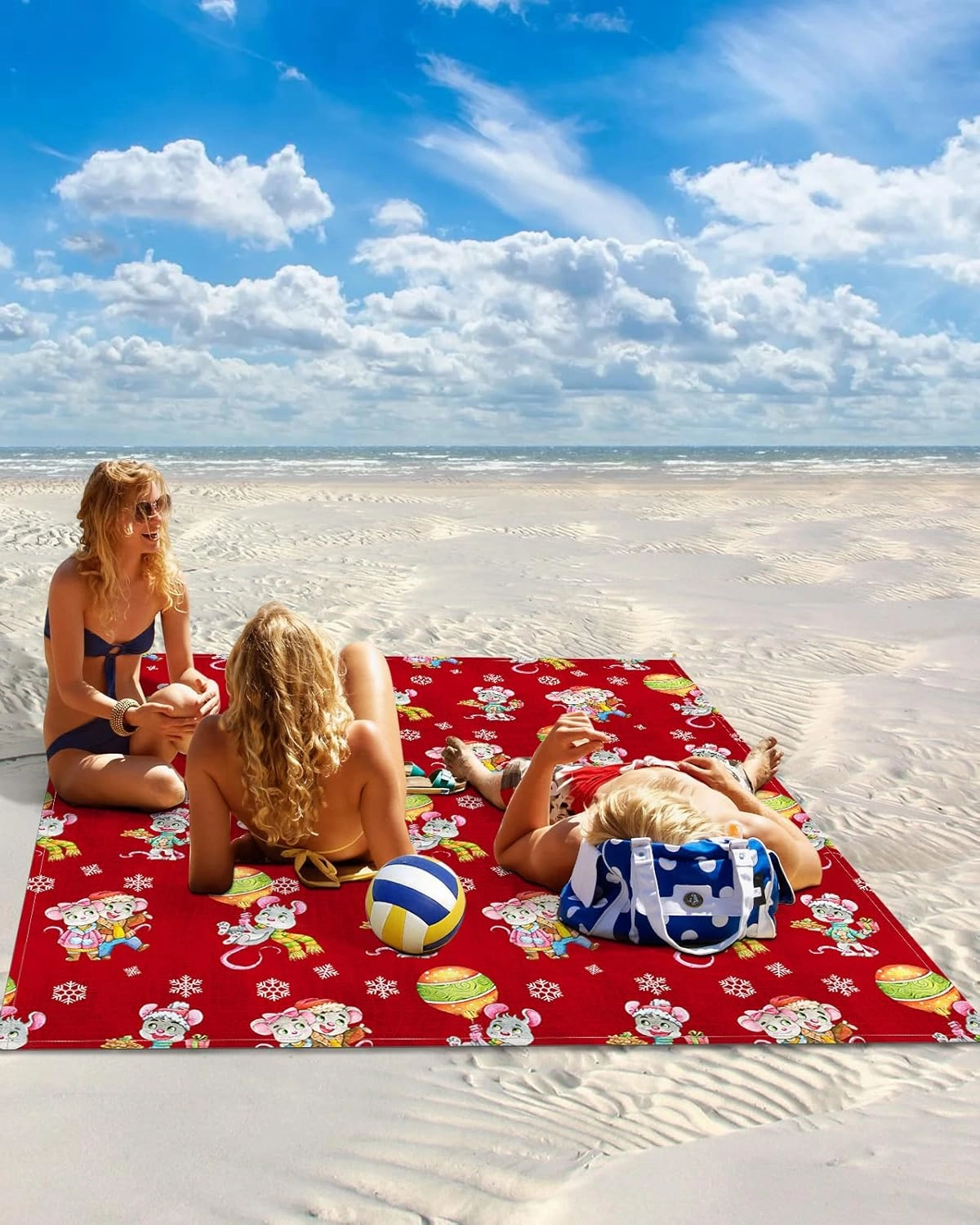 Christmas Mouse Beach Blanket Waterproof Sandproof, Xmas Lantern Winter Snowflake Red Lightweight Outdoor Picnic Blanket Portable Large Beach Mat for Travel/Camping/Hiking 95"x80"