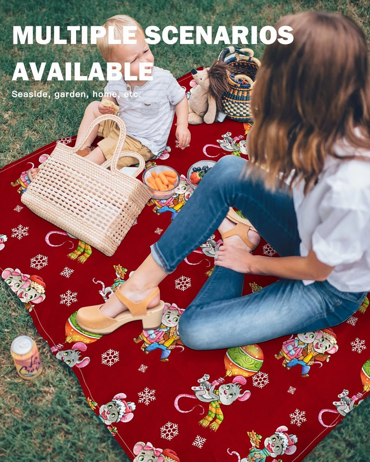 Christmas Mouse Beach Blanket Waterproof Sandproof, Xmas Lantern Winter Snowflake Red Lightweight Outdoor Picnic Blanket Portable Large Beach Mat for Travel/Camping/Hiking 95"x80"