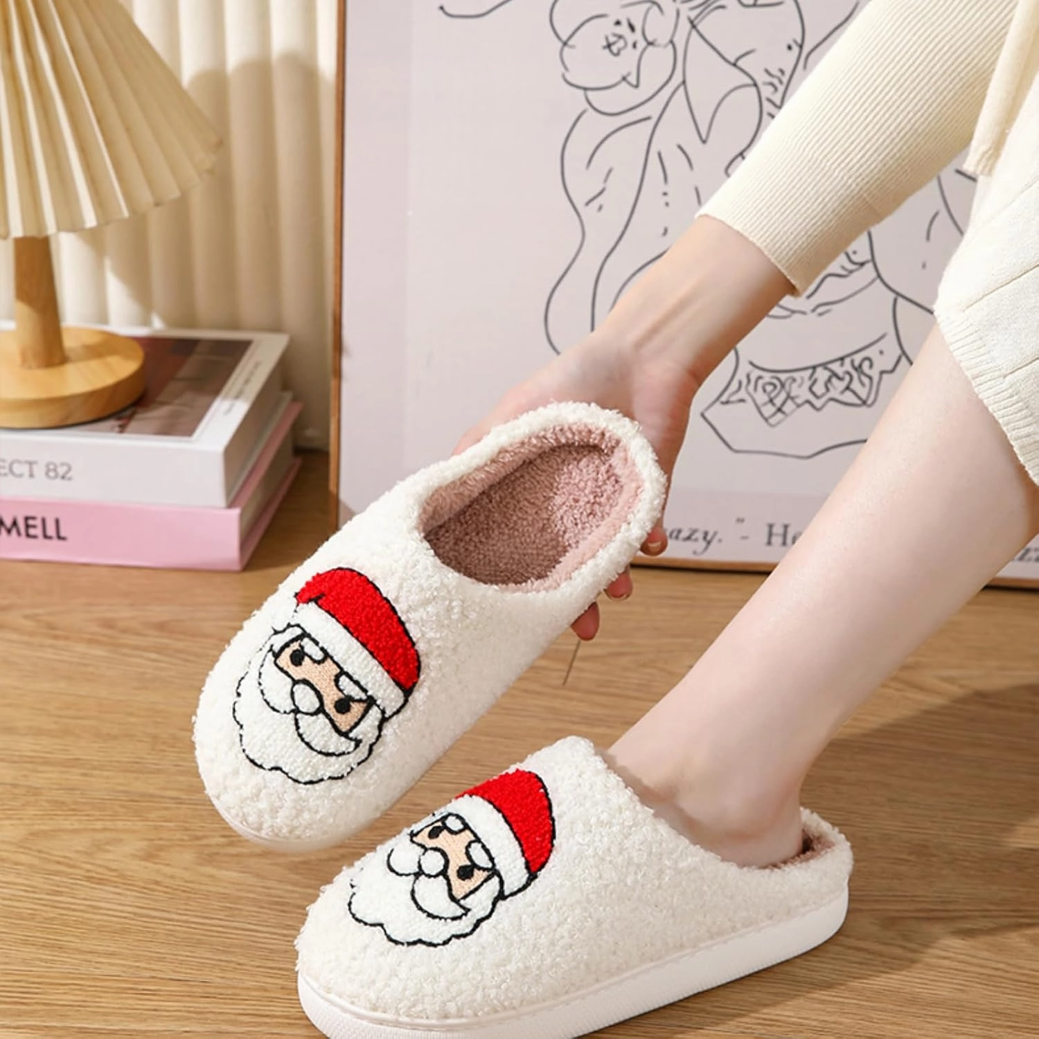 Christmas Slippers Memory Foam for Women Men, Cozy Plush Warm Non-Slip Holiday Slides with Santa Reindeer Designs Indoor Outdoor