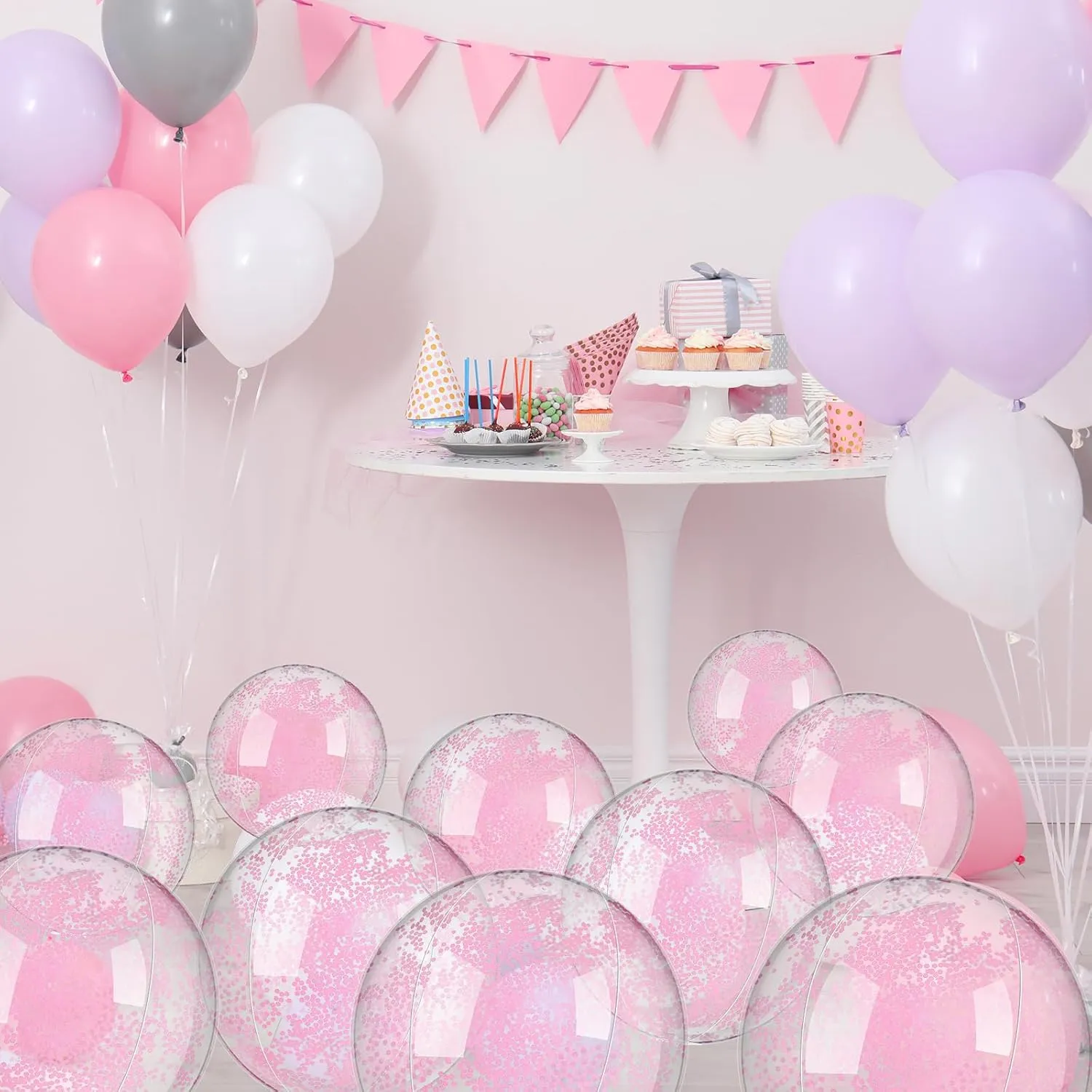 Civaner 10 Pcs Inflatable Glitter Beach Balls 16 Inch Confetti Pool Balls for Party Decorations Blow up Balloon Toys for Outdoor Summer Graduation Wedding Xmas(Pink)