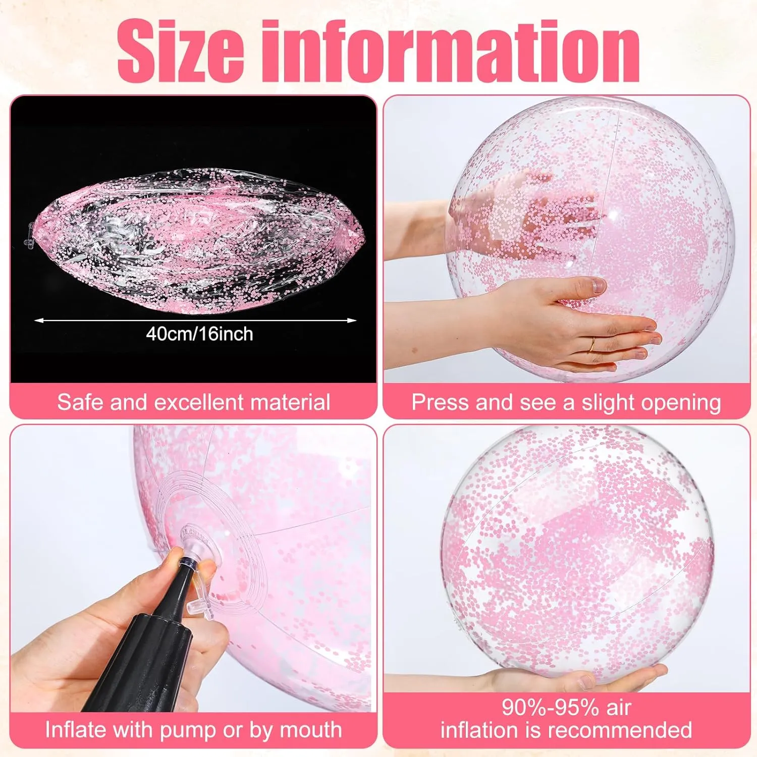 Civaner 10 Pcs Inflatable Glitter Beach Balls 16 Inch Confetti Pool Balls for Party Decorations Blow up Balloon Toys for Outdoor Summer Graduation Wedding Xmas(Pink)