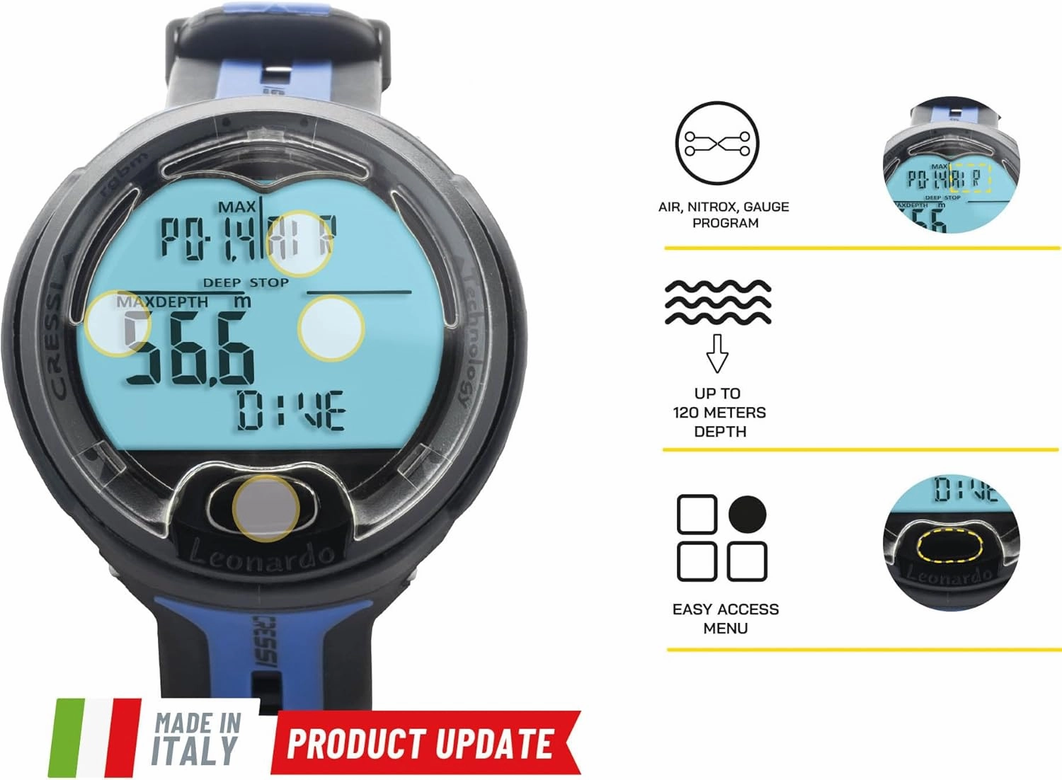Cressi Leonardo 2.0 Underwater Single-Button Scuba Dive Computer, 3 Modes: Air, Nitrox, Gage, User-Friendly Menu - Designed and Made in Italy