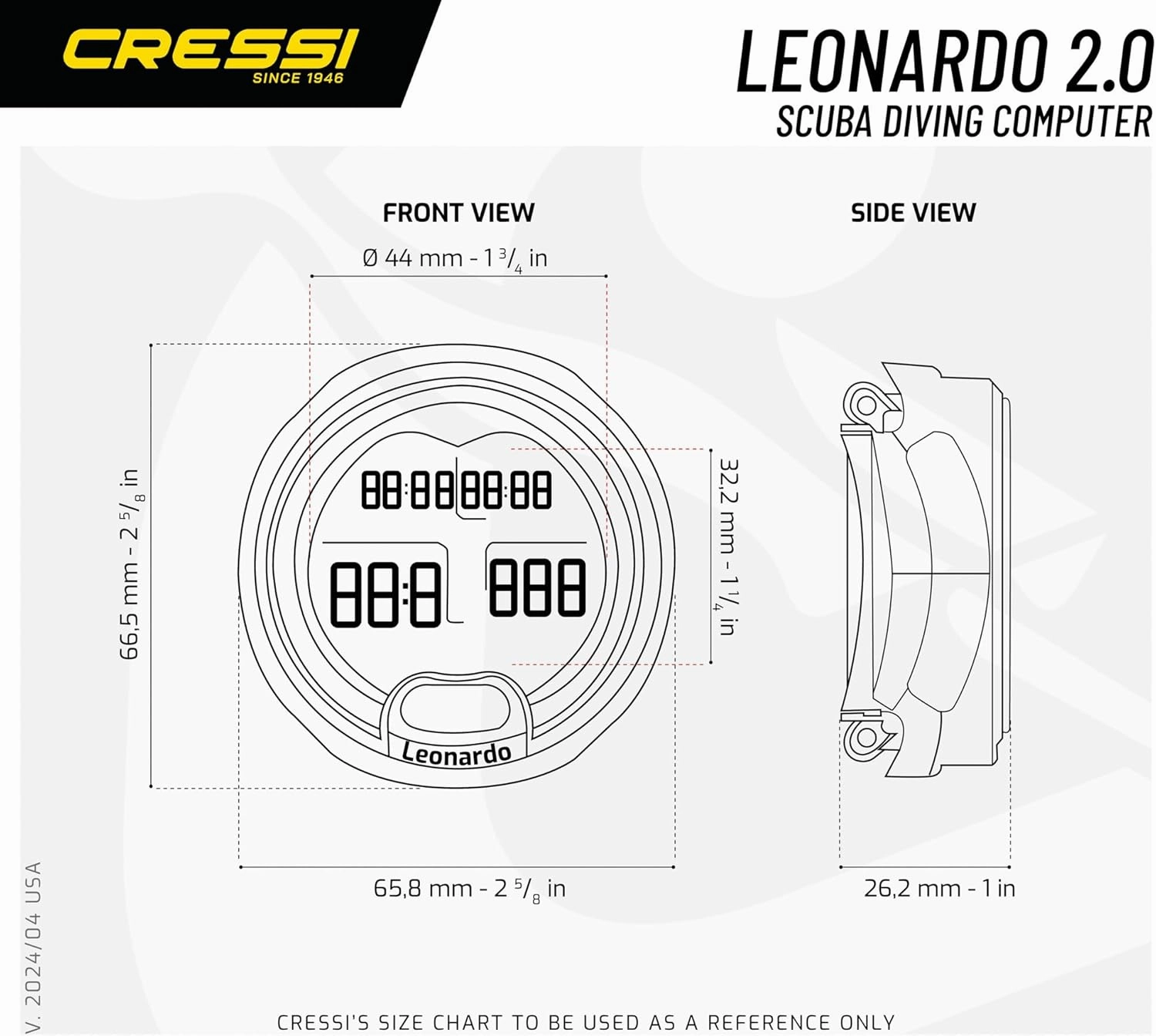 Cressi Leonardo 2.0 Underwater Single-Button Scuba Dive Computer, 3 Modes: Air, Nitrox, Gage, User-Friendly Menu - Designed and Made in Italy