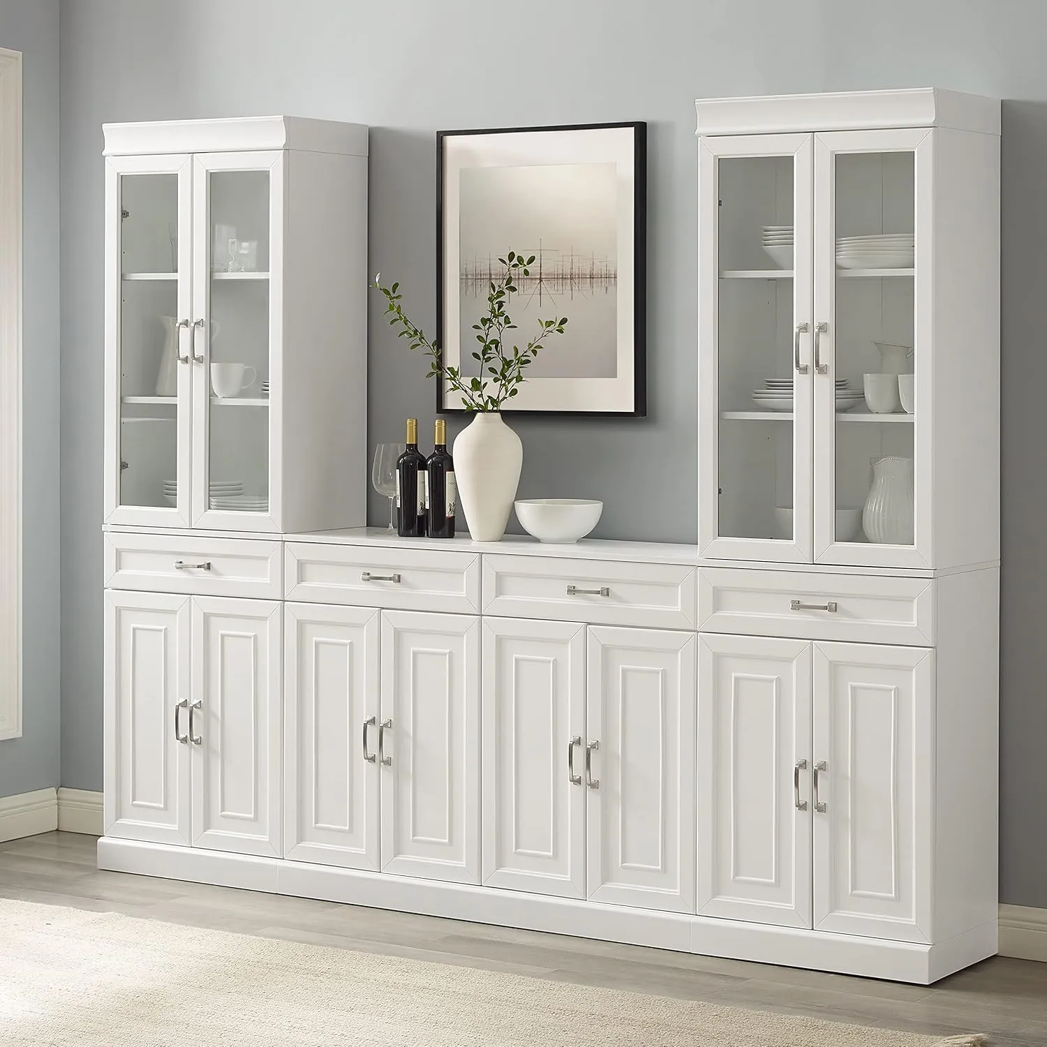 Crosley Furniture Stanton 3-Piece Sideboard Buffet Cabinet and Glass Door Kitchen Storage Pantry Set, White