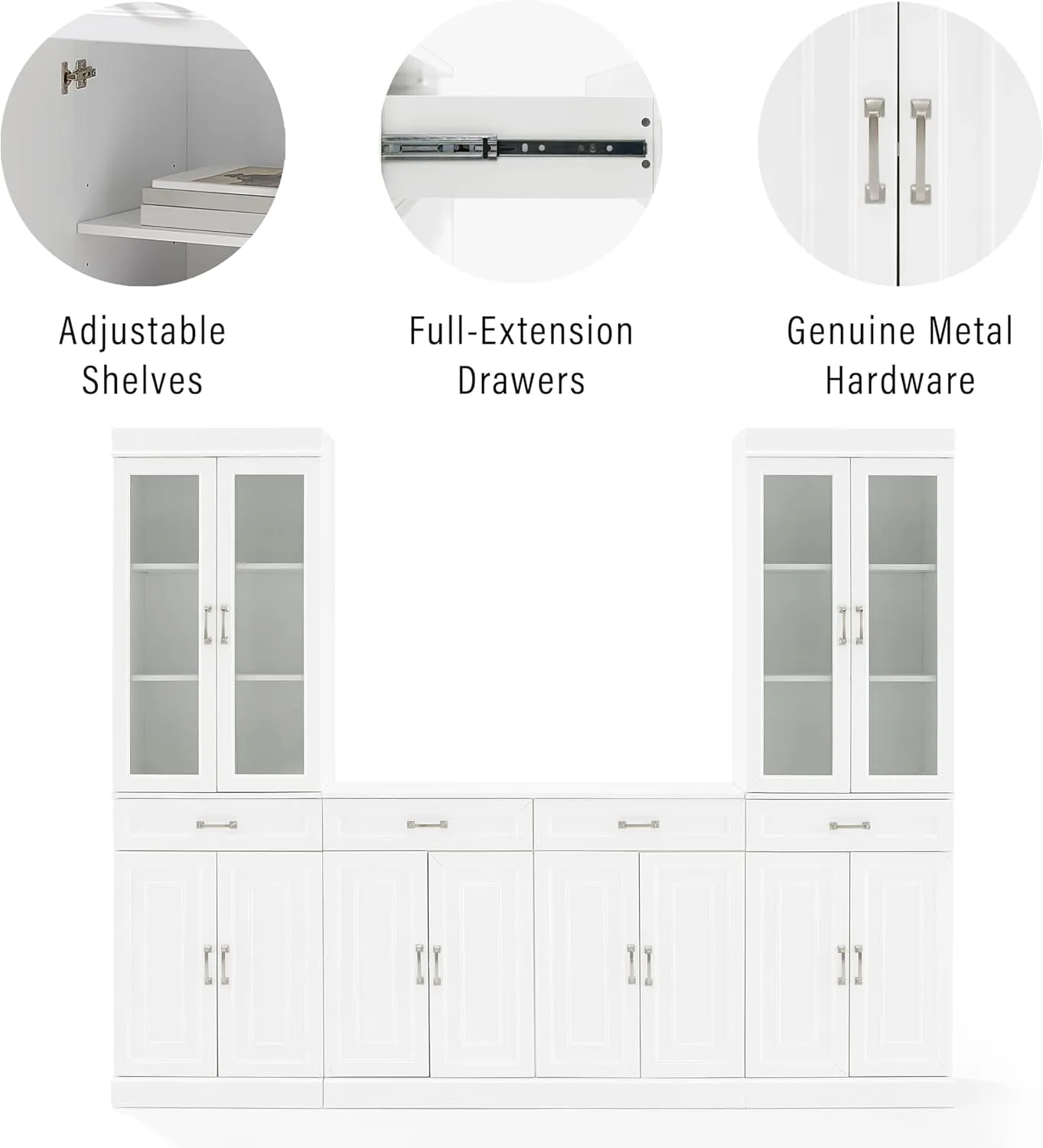 Crosley Furniture Stanton 3-Piece Sideboard Buffet Cabinet and Glass Door Kitchen Storage Pantry Set, White