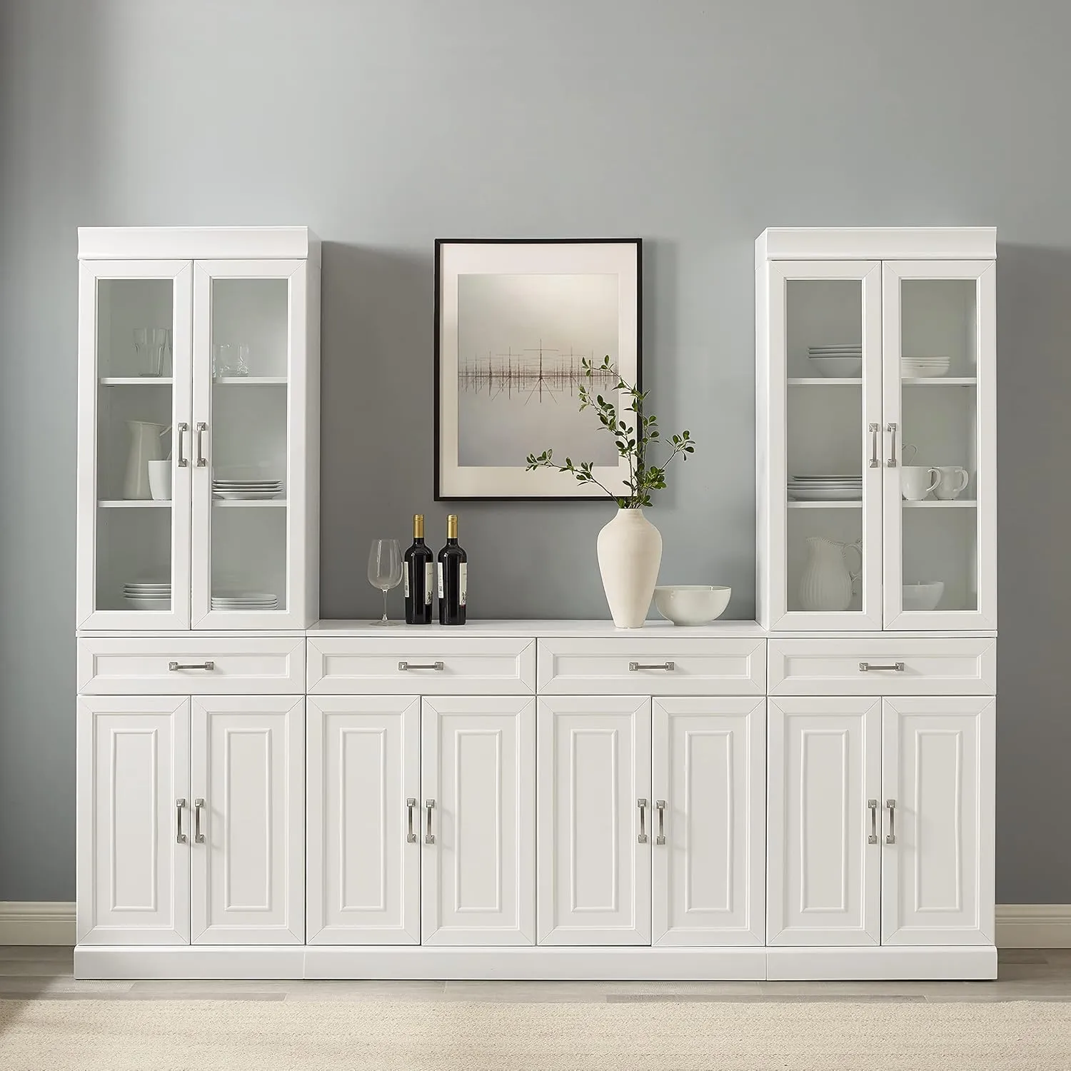 Crosley Furniture Stanton 3-Piece Sideboard Buffet Cabinet and Glass Door Kitchen Storage Pantry Set, White