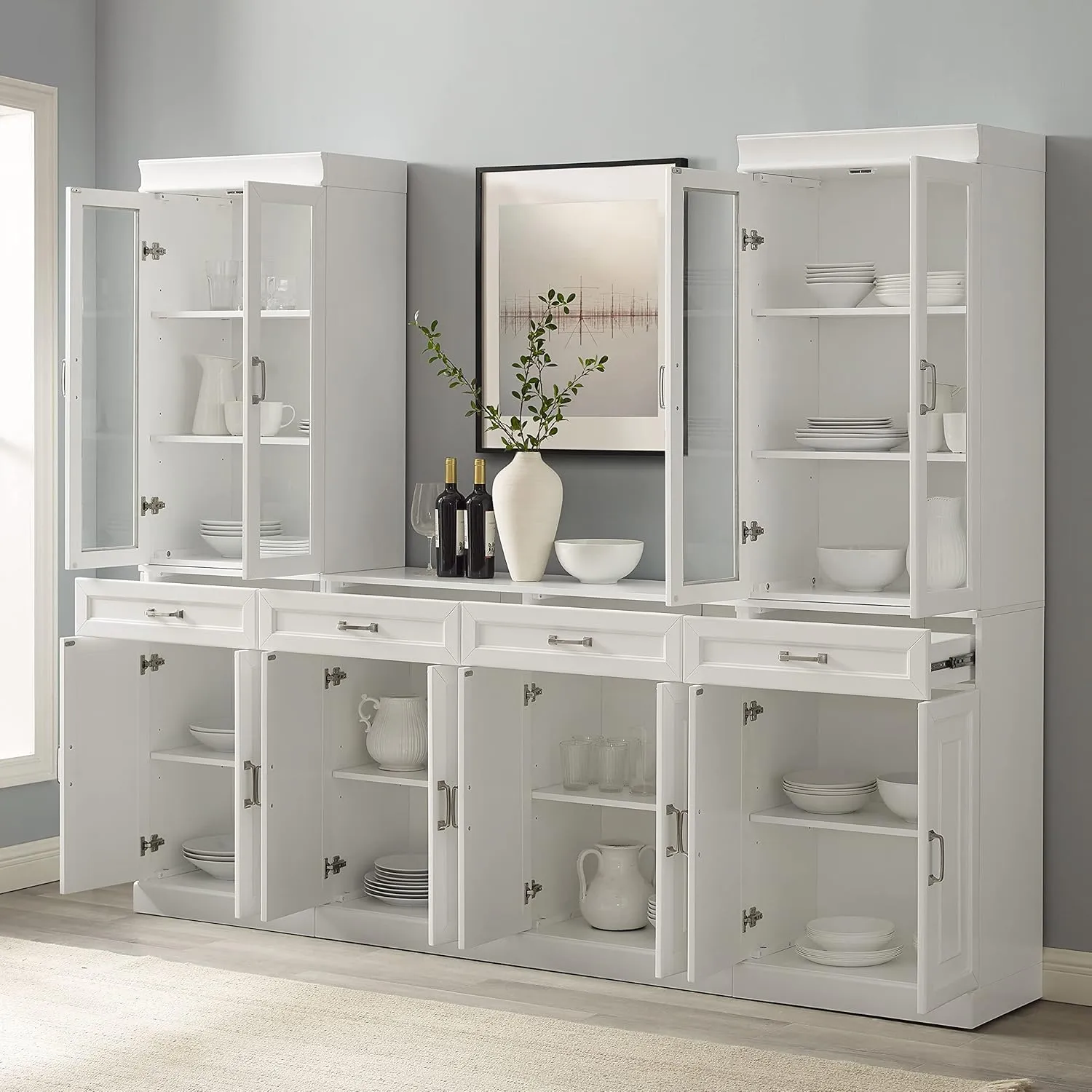 Crosley Furniture Stanton 3-Piece Sideboard Buffet Cabinet and Glass Door Kitchen Storage Pantry Set, White