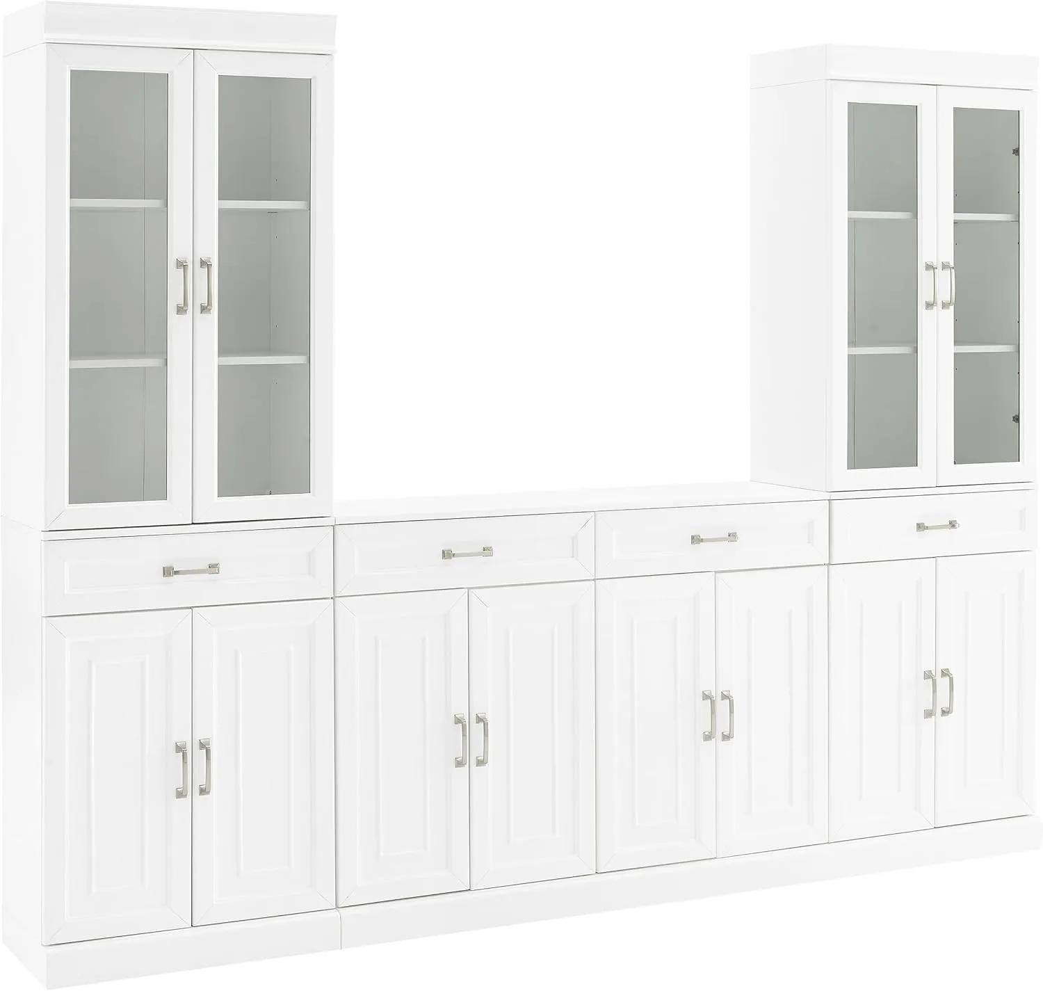 Crosley Furniture Stanton 3-Piece Sideboard Buffet Cabinet and Glass Door Kitchen Storage Pantry Set, White
