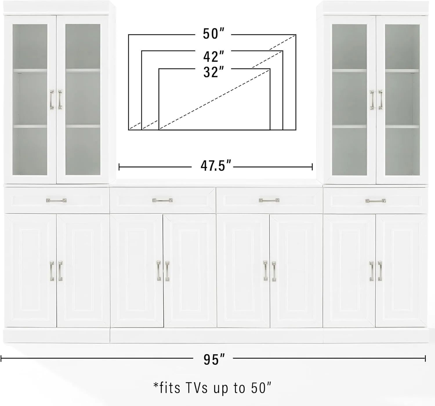 Crosley Furniture Stanton 3-Piece Sideboard Buffet Cabinet and Glass Door Kitchen Storage Pantry Set, White