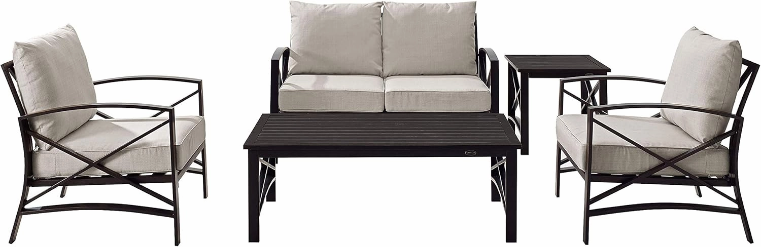 Crosley Furniture Kaplan 5-Piece Outdoor Loveseat Patio Furniture Set, Conversation Sets for Porch, Deck, Oiled Bronze with Oatmeal Cushions