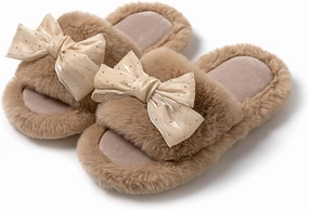 Cute Bow House Women's Slippers - Open Toe Warm Plush Fluffly Non-Slip Sole Indoor