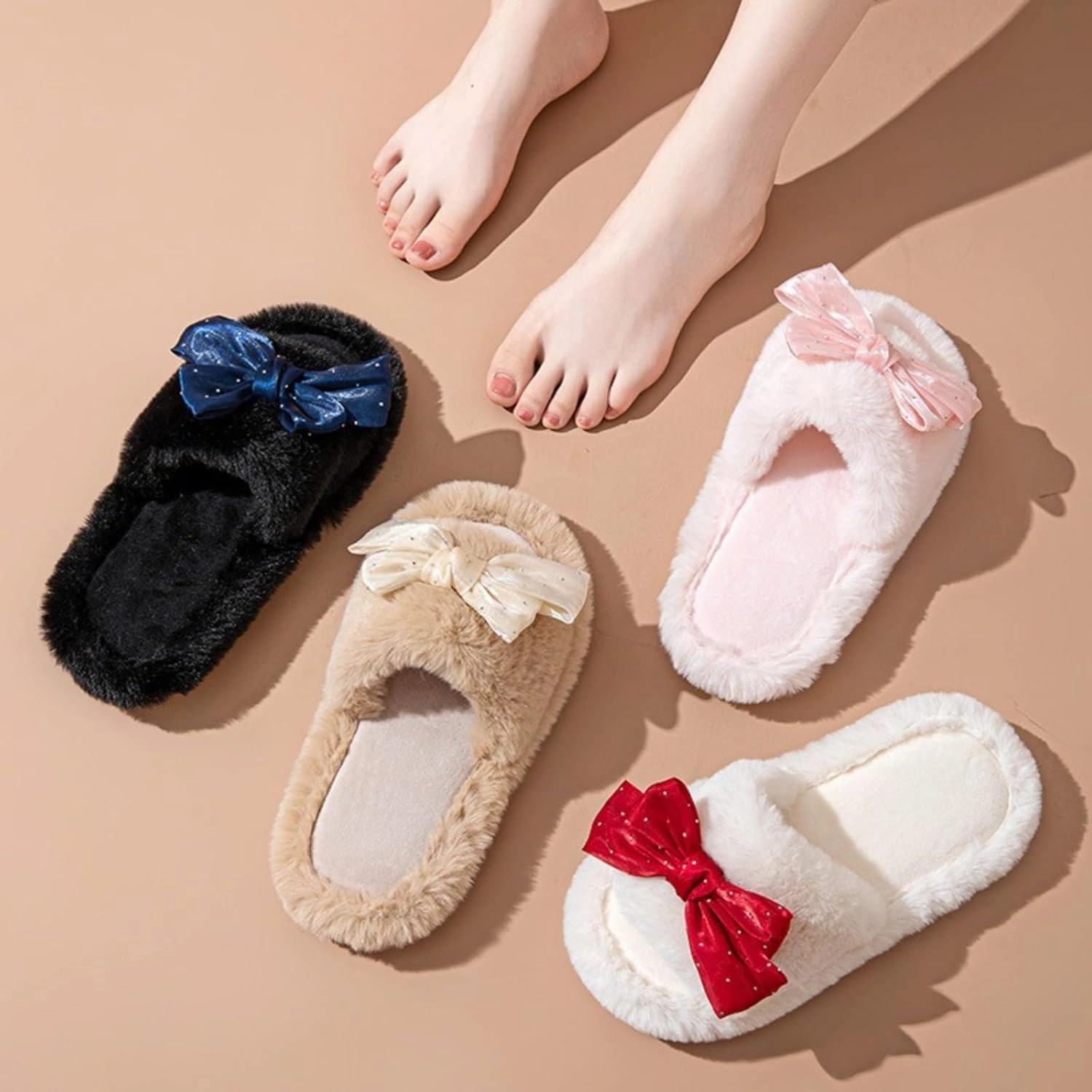 Cute Bow House Women's Slippers - Open Toe Warm Plush Fluffly Non-Slip Sole Indoor
