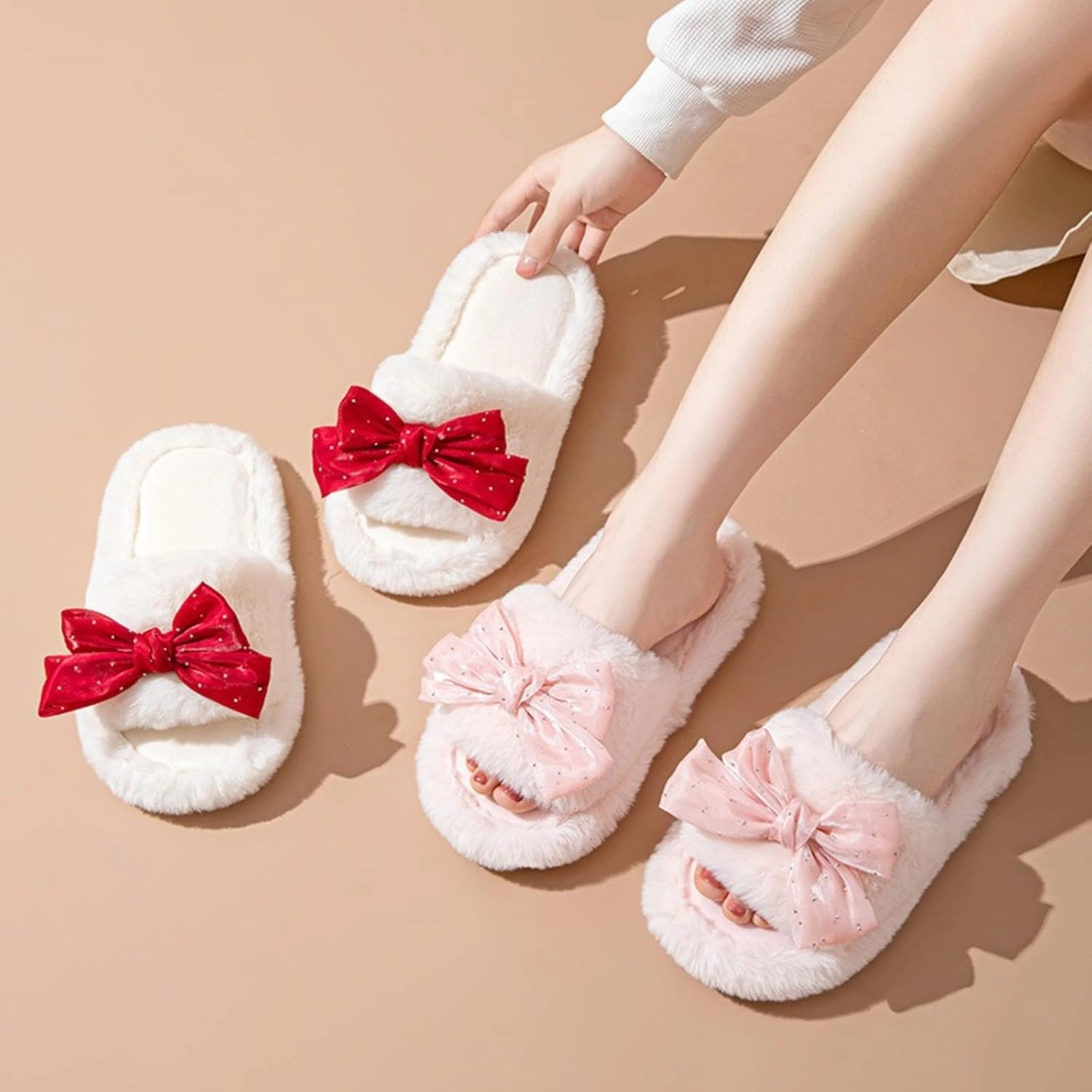 Cute Bow House Women's Slippers - Open Toe Warm Plush Fluffly Non-Slip Sole Indoor