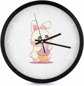 Cute Ice Cream Bunny Rabbit Wall Clock 10 Inch Silent Non-ticking Battery Operated Decorative Clock for Kitchen Bedroom