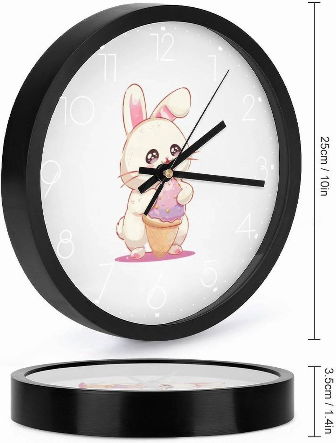Cute Ice Cream Bunny Rabbit Wall Clock 10 Inch Silent Non-ticking Battery Operated Decorative Clock for Kitchen Bedroom