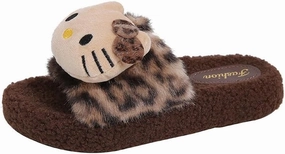 Cute Leopard Print Plush Slippers for Women – Soft Cozy Cartoon Cat Indoor/Outdoor House Shoes, Non-Slip, Adorable Face