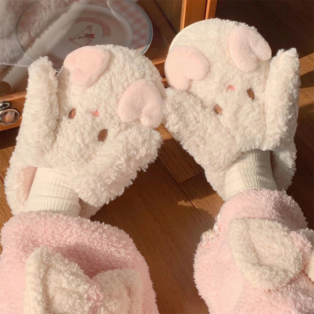 Cute Rabbit Ears Plush Slippers for Women & Girls, Y2K Winter Cozy Indoor Furry Footwear,Aesthetic Soft & Warm Anti-Slip PVC Sole Perfect for Home Use