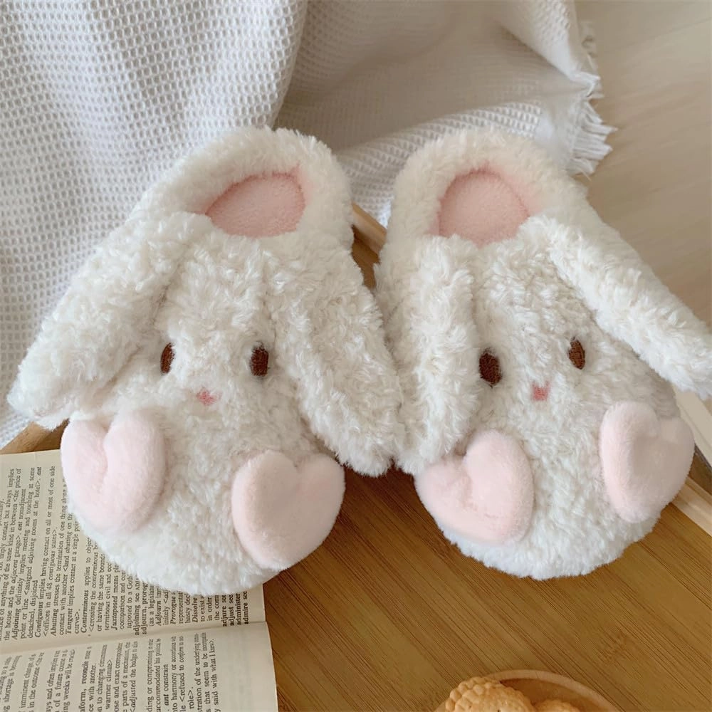 Cute Rabbit Ears Plush Slippers for Women & Girls, Y2K Winter Cozy Indoor Furry Footwear,Aesthetic Soft & Warm Anti-Slip PVC Sole Perfect for Home Use