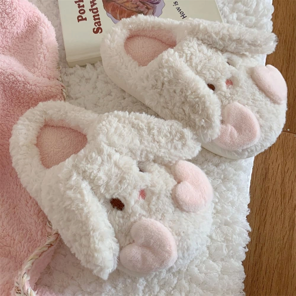 Cute Rabbit Ears Plush Slippers for Women & Girls, Y2K Winter Cozy Indoor Furry Footwear,Aesthetic Soft & Warm Anti-Slip PVC Sole Perfect for Home Use