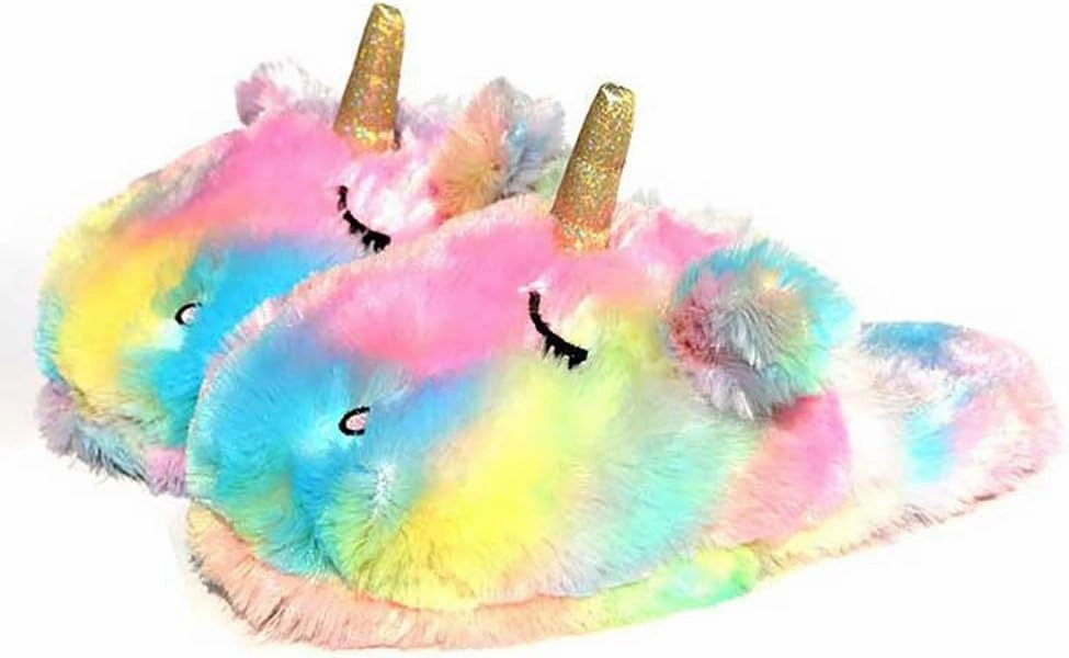 Cute Rainbow Llama Plush Slippers | Alpaca Plush Home Shoes | Fluffy Girls Slippers