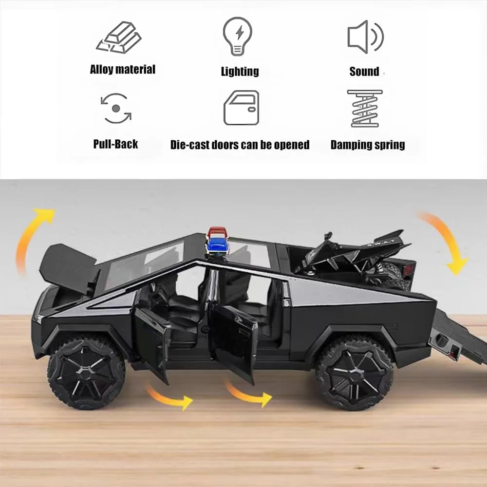 Cyber Truck Police Car Toy Zinc Alloy Trucks with ATV Motorcycle Diecast Metal Cyber Off - Road Wagon Model Pickup 1/32 Race Cars with Sound and Lighting Effect Ideal Gift Age for 3 Year and Up