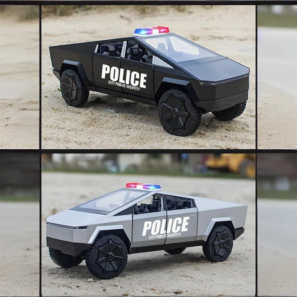 Cyber Truck Police Car Toy Zinc Alloy Trucks with ATV Motorcycle Diecast Metal Cyber Off - Road Wagon Model Pickup 1/32 Race Cars with Sound and Lighting Effect Ideal Gift Age for 3 Year and Up