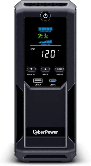 CyberPower BRG1500AVRLCD2 Intelligent LCD UPS System, 1500VA/900W, 12 Outlets 2 USB Ports, AVR, Mini-Tower, UL Certified, 5-Year Warranty