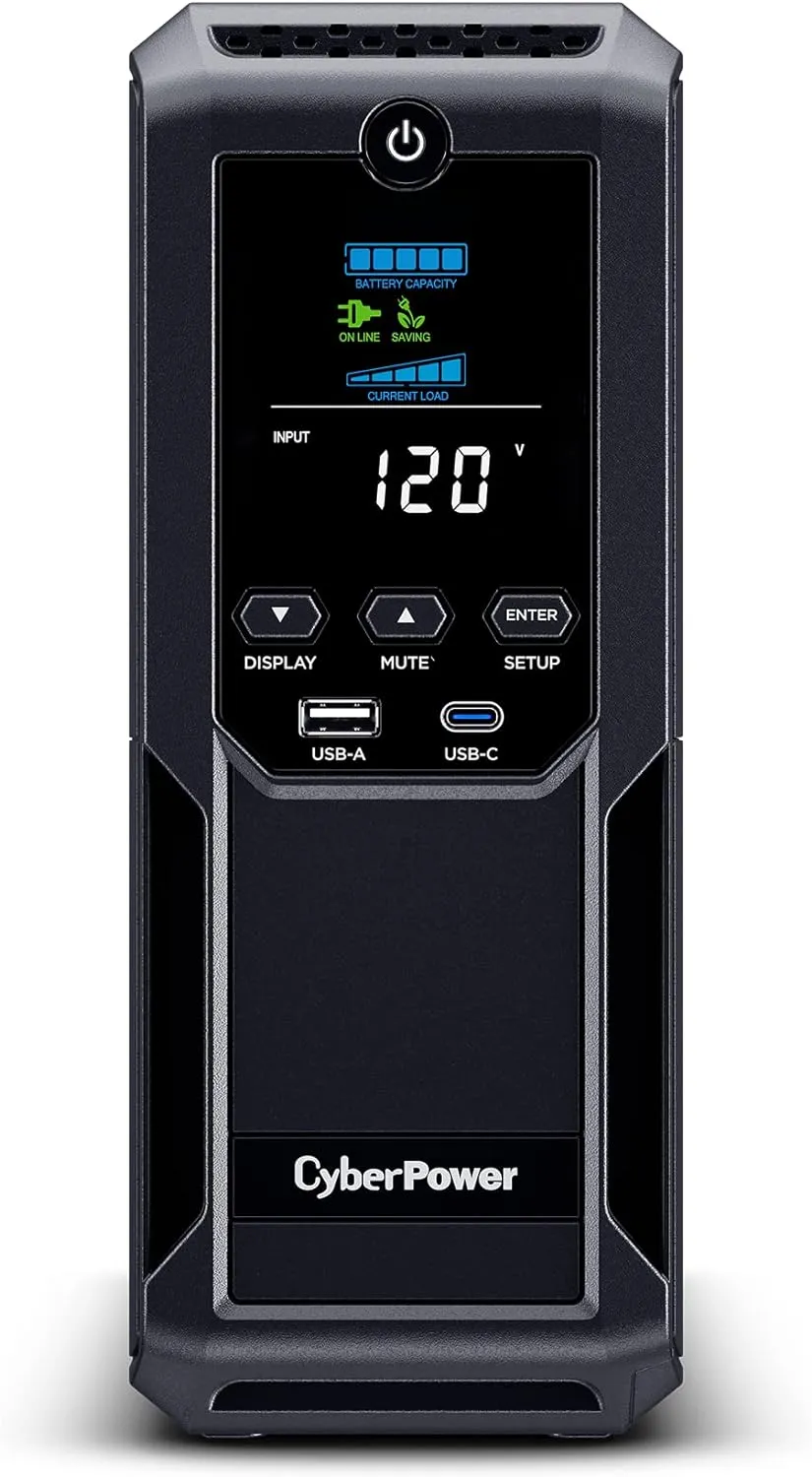 CyberPower BRG1500AVRLCD2 Intelligent LCD UPS System, 1500VA/900W, 12 Outlets 2 USB Ports, AVR, Mini-Tower, UL Certified, 5-Year Warranty