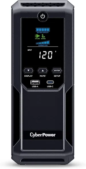 CyberPower CP1350AVRLCD3 Intelligent LCD UPS System, 1350VA/815W, 12 Outlets, 2 USB Ports, AVR, Mini Tower, Black