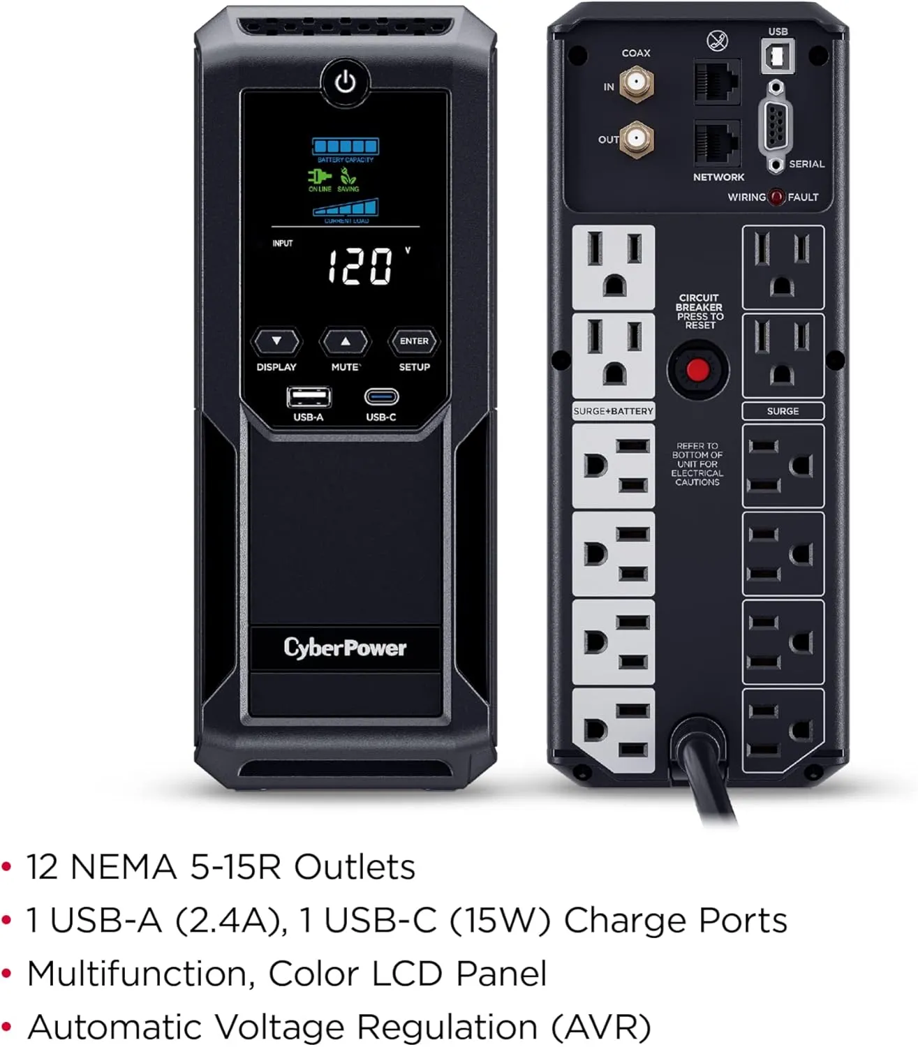 CyberPower CP1350AVRLCD3 Intelligent LCD UPS System, 1350VA/815W, 12 Outlets, 2 USB Ports, AVR, Mini Tower, Black