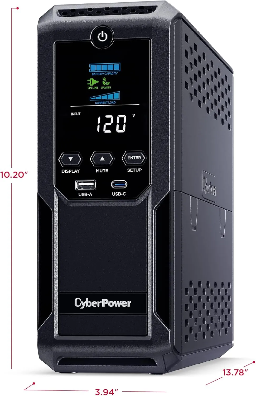 CyberPower CP1350AVRLCD3 Intelligent LCD UPS System, 1350VA/815W, 12 Outlets, 2 USB Ports, AVR, Mini Tower, Black