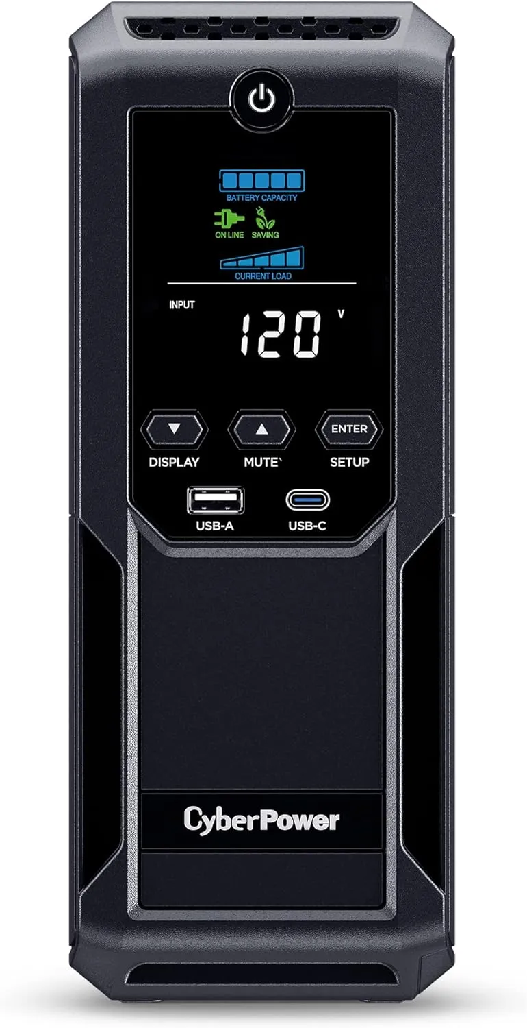 CyberPower CP1350AVRLCD3 Intelligent LCD UPS System, 1350VA/815W, 12 Outlets, 2 USB Ports, AVR, Mini Tower, Black