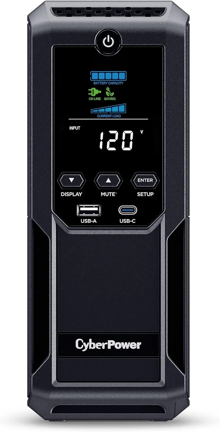 CyberPower CP1500AVRLCD3 Intelligent LCD UPS System, 1500VA/900W, 12 Outlets, 2 USB Ports, AVR, Mini Tower, Black