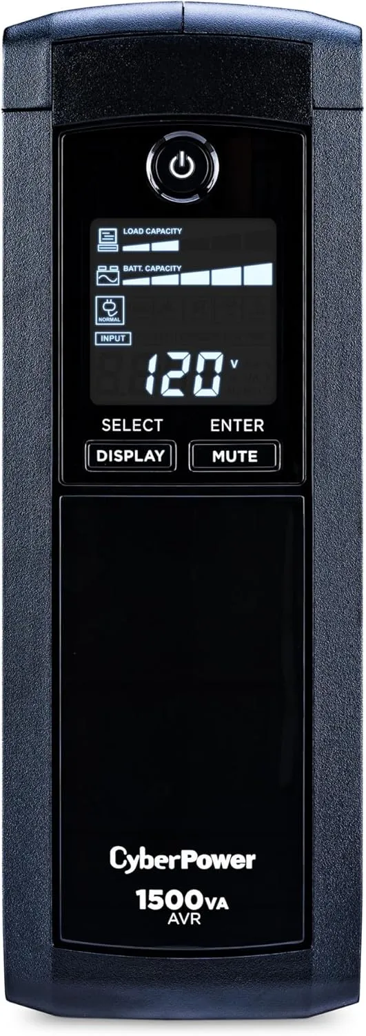 CyberPower CP1500AVRLCDTAA Intelligent LCD UPS System, 1500VA, 900W, 12 Outlets, AVR, Mini Tower, TAA Certified