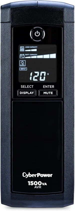 CyberPower CP1500AVRLCDTAA Intelligent LCD UPS System, 1500VA, 900W, 12 Outlets, AVR, Mini Tower, TAA Certified