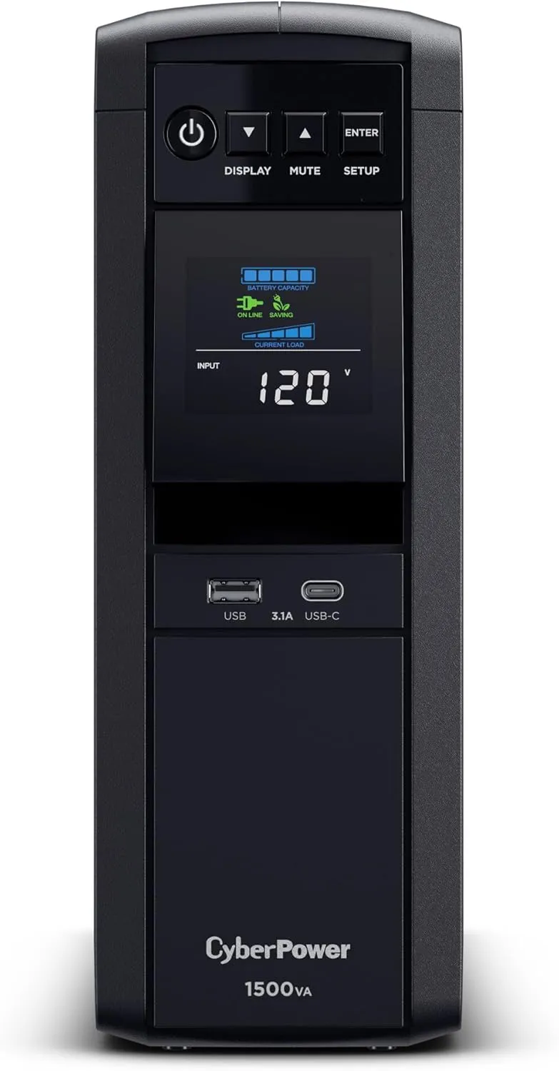 CyberPower CP1500PFCLCDTAA PFC Sinewave UPS System, 1500VA/1000W, 12 Outlets, AVR, Mini Tower, TAA Certified, Black