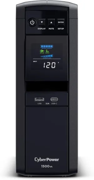 CyberPower CP1500PFCLCDTAA PFC Sinewave UPS System, 1500VA/1000W, 12 Outlets, AVR, Mini Tower, TAA Certified, Black