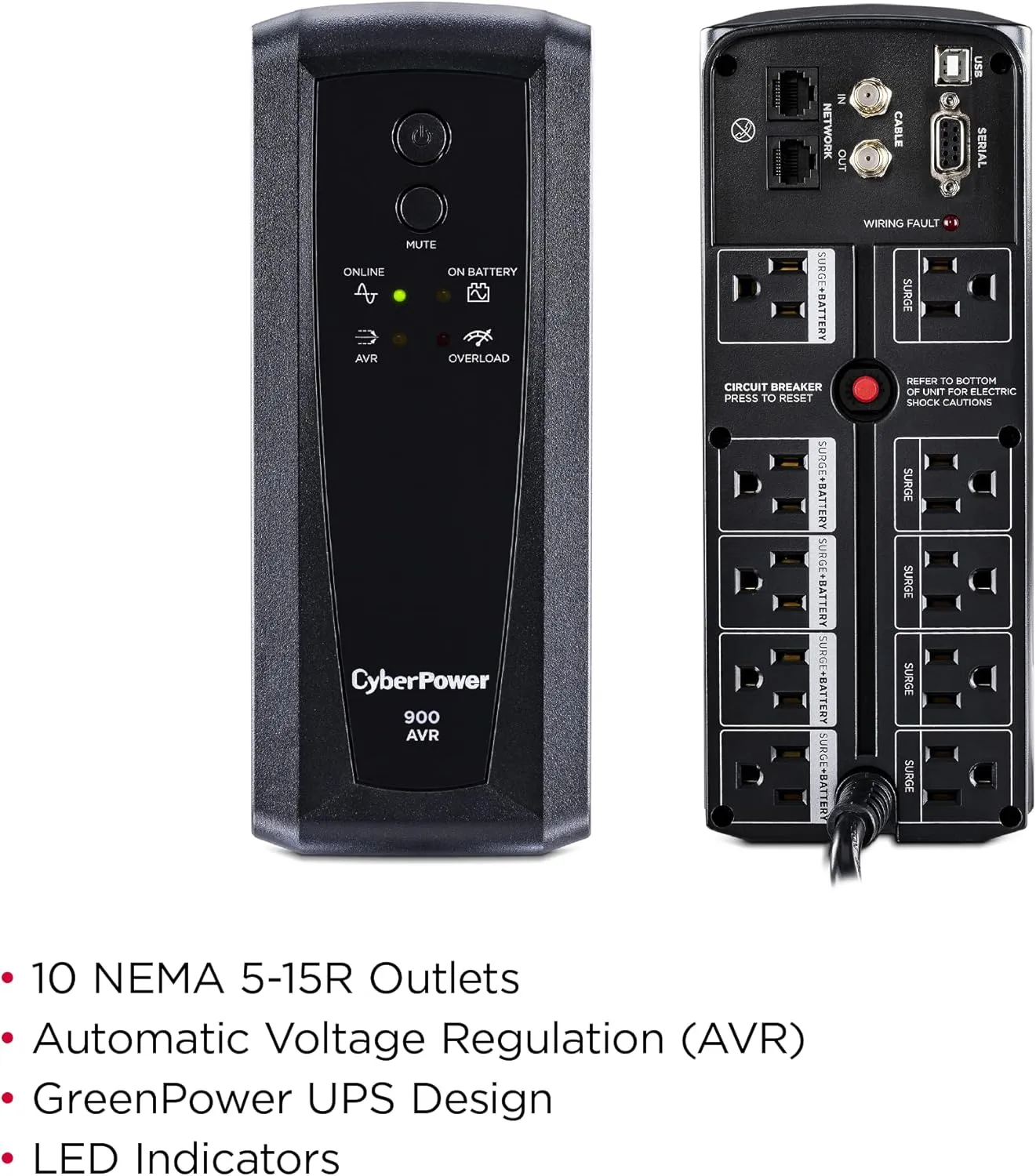 CyberPower CP900AVR AVR UPS System, 900VA/560W, 10 Outlets, Mini-Tower