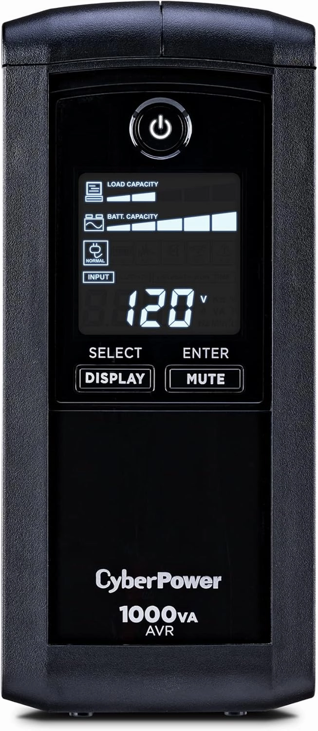 CyberPower CP1000AVRLCD Intelligent LCD UPS System, 1000VA/600W, 9 Outlets, AVR, Mini-Tower, Black
