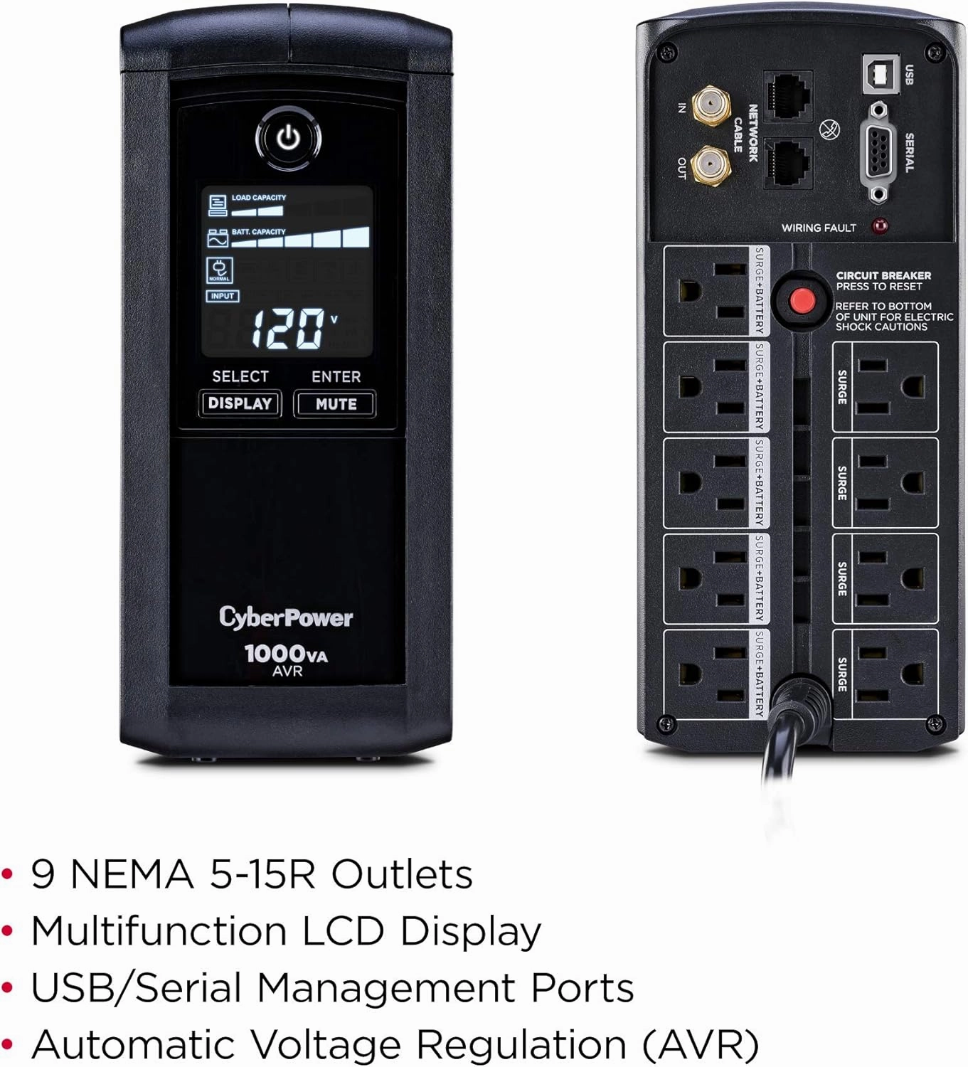 CyberPower CP1000AVRLCD Intelligent LCD UPS System, 1000VA/600W, 9 Outlets, AVR, Mini-Tower, Black