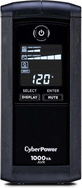 CyberPower CP1000AVRLCD Intelligent LCD UPS System, 1000VA/600W, 9 Outlets, AVR, Mini-Tower, Black