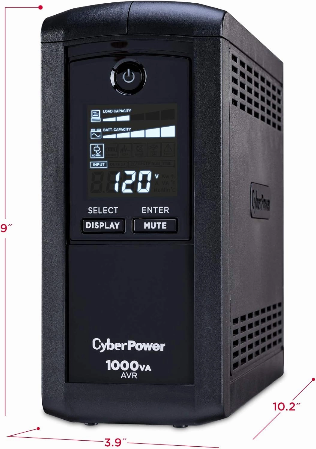CyberPower CP1000AVRLCD Intelligent LCD UPS System, 1000VA/600W, 9 Outlets, AVR, Mini-Tower, Black